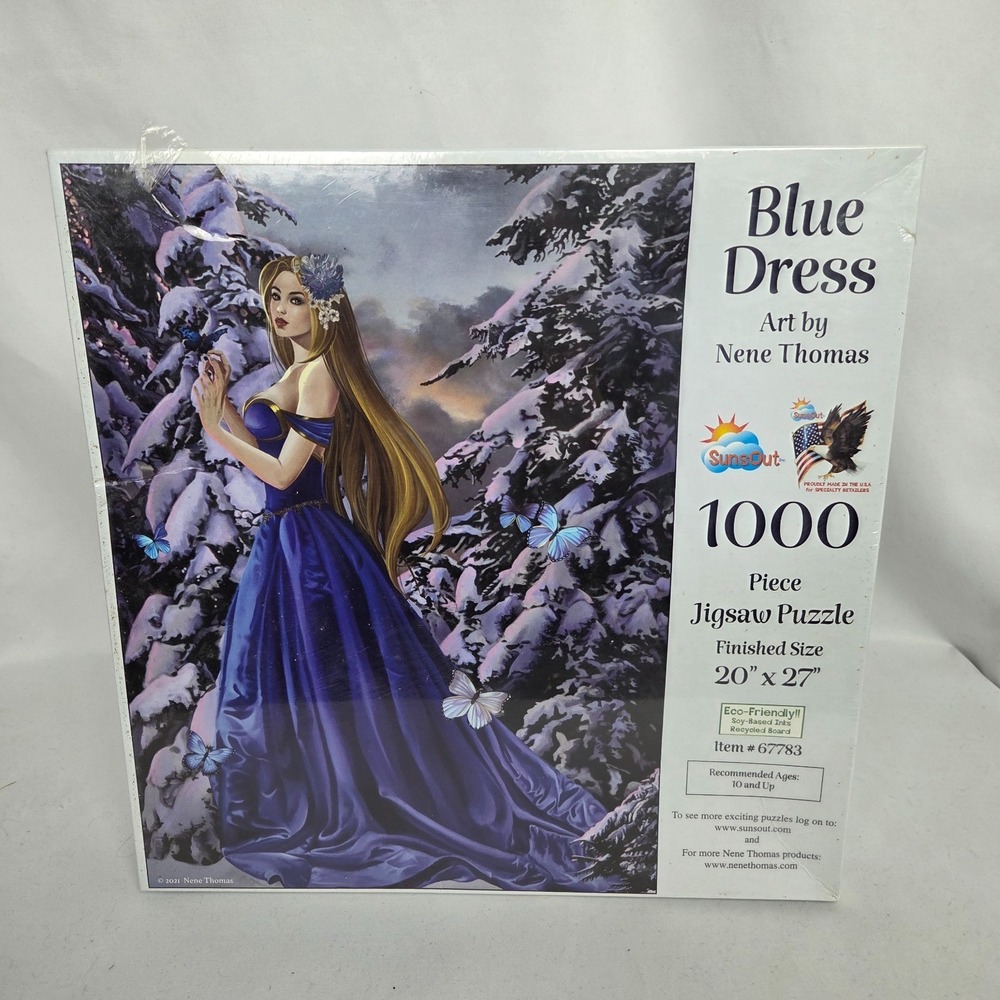 New Sealed SunsOut Jigsaw Puzzle 1000 Piece " Blue Dress " Nene Thomas 20" x 27"
